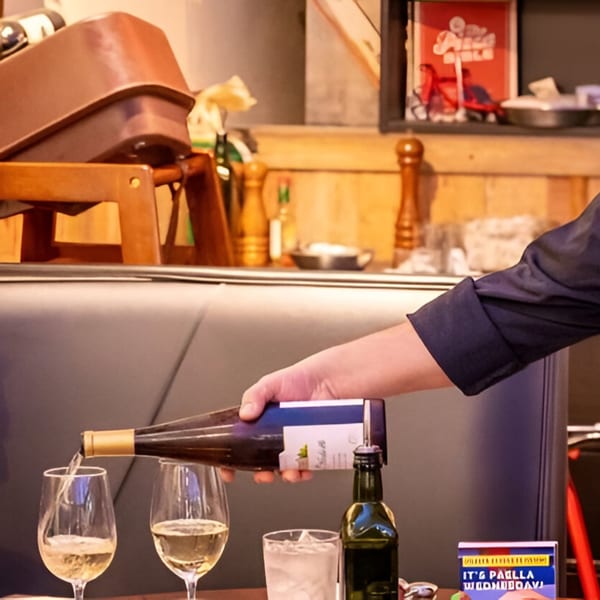A server pours white wine into two glasses at a table in Volare Restaurant.