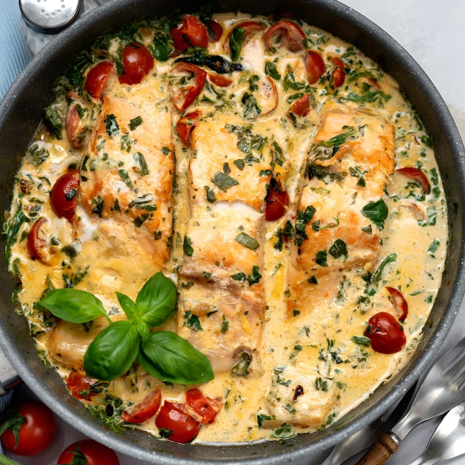 Creamy Tuscan salmon with spinach, cherry tomatoes, and basil in a pan.